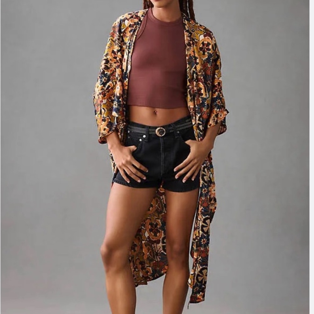 Anthropologie TP colorful neutral silky long floral kimono NWT